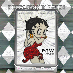 Stock limité : Grande écusson <span class=keywords><strong>brodé</strong></span> de sequins 100 % coton écologique, motif dessin animé, dos plat rond, pour vêtements de filles, Betty tenant un chien - Product Image 2