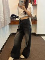 Celana Jeans Wanita Model Baggy Desain Khusus, Bahan Bernapas, Kaki Lebar, Anti Kusut, Warna Gelap, Ukuran Plus