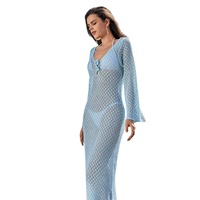 Robe longue en tricot ajouré slim pour femme, à col en V, dos nu, robe de plage, manches longues, protection solaire, tendance