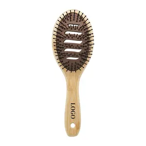 Natural Wood Paddle Vent Brush Hair Styling Ionic Steel Bristles Rubber Handle Custom Logo Cushion Massage Home Salon Box