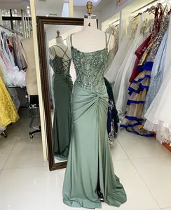 Wholesale Sage green embroidery sequin corset hand pleated knot lace up back mermaid long gown prom evening dress 2025