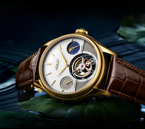 Montre pour homme haut de gamme, squelette, tourbillon, phase de lune, double fuseau horaire, mécanique manuelle - Product Image 4