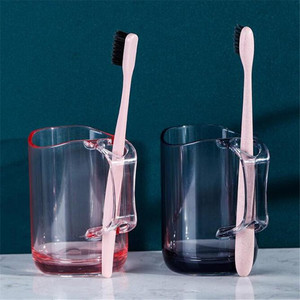 Gobelet à brosse à dents en plastique transparent avec poignée pour salle de bain, tasse portable de forme ronde en PP, couleur rose et marron - Product Image 3
