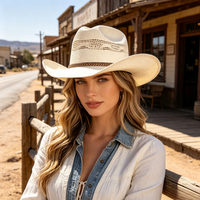 Topi Jerami Koboi Wanita Desainer Besar Anyaman Tangan Alami Musim Panas 2025, Model Baru, Pinggiran Melengkung, Gaya Koboi Cowgirl