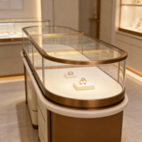 Comptoir de présentation de bijoux incurvé en acier inoxydable or rose de luxe, vitrine minimaliste pour boutique avec éclairage LED flottant