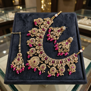 Gold Plated Alloy Fancy Collection Geometric Zircon Pearl Kundan High Quality Latest Designed Wedding Necklace Earring <b>Set</b> - Product Image 2