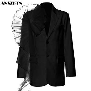 ANSZKTN-Chaqueta de botón de moda para mujer, chaqueta informal holgada Irregular con volantes de <span class=keywords><strong>malla</strong></span> de gran tamaño - Product Image 5