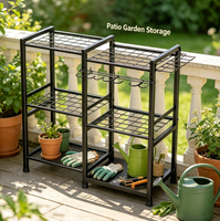 Étagère de rangement de jardin en métal noir, organisateur d'outils multi-niveaux avec crochets de suspension pour abri de jardin, garage, balcon, vente en gros