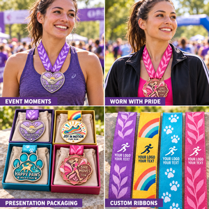 Médailles de finisseur personnalisées pour course caritative, course de plaisir, promenade avec les animaux et course de 10 km pour femmes, avec des motifs métalliques colorés et des rubans d'événement personnalisés - Product Image 3