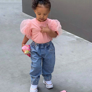 Conjunto de Ropa para Niñas, Camiseta de Algodón Puro con Manga Abullonada de Encaje, Jeans Casuales con Cuentas, Atuendo Cómodo para Bebés, Otoño Invierno - Product Image 2