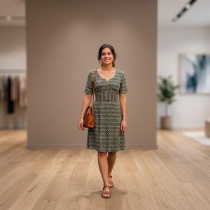 Vestido Estampado con Cuello en V, Corte en A, Largo hasta la Rodilla, Cintura Elástica, Manga Corta, Transpirable, de Algodón Tejido, Estilo Casual, Vintage, para Uso Diario, Verano - Product Image 4