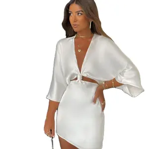Vestidos de cetim vintage branco sexy com decote em V, vestidos casuais de cintura oca, mini vestidos de noite para mulheres