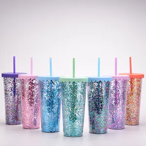 Neuankömmling Double Wall Bling Kunststoff Trinkbecher Glitter Kunststoff Stroh becher mit Deckel