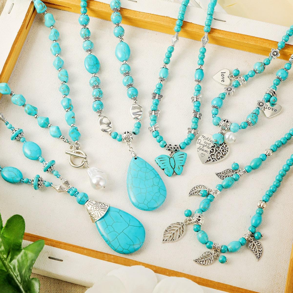Vintage Ethnic Style Bohemian Turquoise Stone Beaded Jewelry Set Long  Turquoise Pendant Necklace for Women