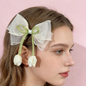 Set <span class=keywords><strong>de</strong></span> Lazos para el Cabello Hechos a Mano con Diseño Romántico Francés, con Flores <span class=keywords><strong>de</strong></span> Tulipán, Borlas y Lazos <span class=keywords><strong>de</strong></span> Satén, Estilo Coquette - Product Image 6