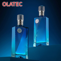 Botol Anggur Berkilau Silinder Kaca Tekstur Biru Mewah OLATEC dengan Pola Gelombang dan Kemasan Premium