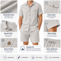 Ensemble deux pièces assorti pour homme, décontracté chic, respirant, en lyocell et lin, à manches courtes, col montant, poche à rabat, pour l'été