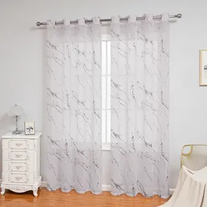 Cortinas transparentes para sala de estar, cortinas luxuosas de textura de linho com estampa de folha de mármore branca dourada