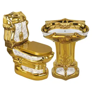 European luxury vintage golden color bathroom sanitary ware wc ceramic gold toilets bowl and wash basin sinks two piece set