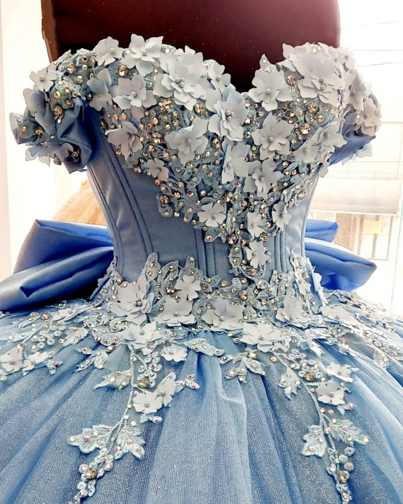 blue grey quinceanera dresses Luuvis Women Grey Blue Ball Gown Quinceanera Dress Beautiful A Line Off the  Shoulder Formal Dress with Beading Bowknot