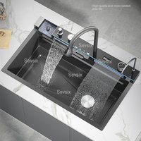 Évier de cuisine de luxe 4MM en acier inoxydable, style ferme chinois, moderne, avec cascade et pluie, à cuve unique, noir