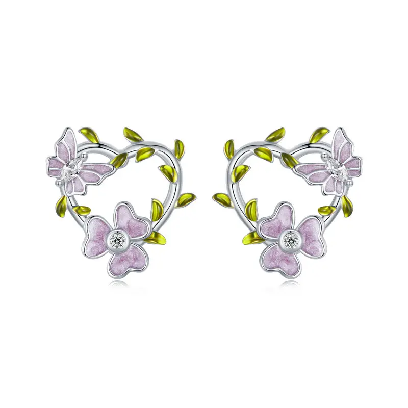 925 스털링 실버 독특한 등나무 나비 스터드 귀걸이 하트 귀걸이 여자 로맨틱 고급 보석