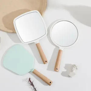 Logo personalizzato espejo Portable Bamboo Cosmetic Hand Round mini vanity mirror Pocket Make Up specchi per il trucco