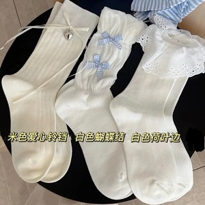 White Mid-Calf <b>Socks</b> With Blue Bow And Ruffle Design <b>Breathable</b> Women's Cotton <b>Socks</b> For Spring Summer - Product Image 4