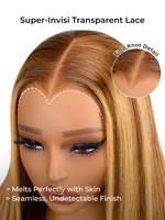 Perruque Lace Front 13x4 en Cheveux Humains Lisses Soyeux, Forme M, Sans Colle, HD, Blond Miel avec Mèches, Mini Nœuds Pré-Pluckés, Petite Taille