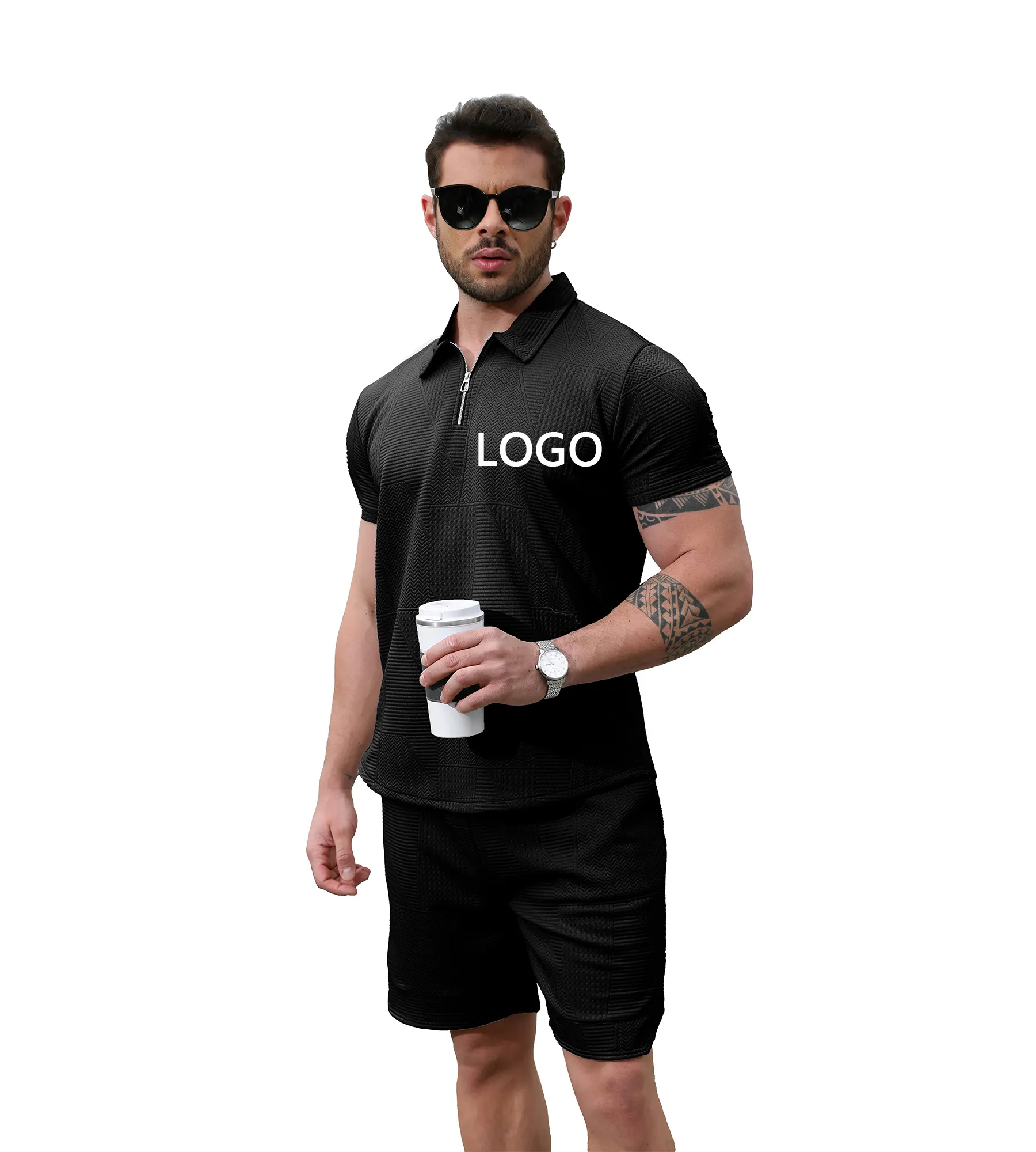 Custom Logo High Quality Striped design zip up collar shirt 2 piece polo T shirt tracksuits for men