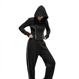 Sudadera con Capucha Negra para Mujer, Cierre de Cremallera, Color Sólido, Manga Larga, Tejido Transpirable, para Otoño, Corte Regular - Product Image 3