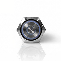 Interrupteur à bouton-poussoir plat en laiton nickelé de 22 mm, étanche IP67, symbole d'alimentation 3V/24V DC, LED éclairée, 2NO2NC DPDT