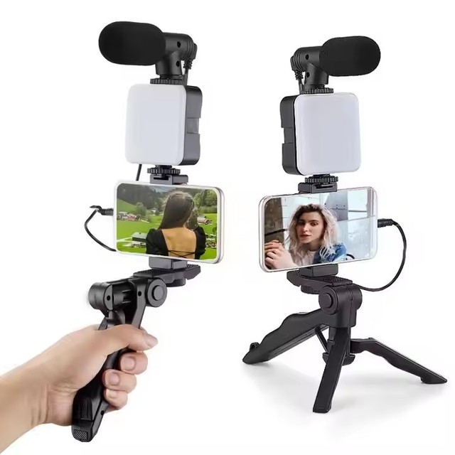 AY49 Desktop Phone Camera Stand Speaker Remote Control Video Blog Kit With Tripod Phone Holder LED Fill Light for Live Streaming