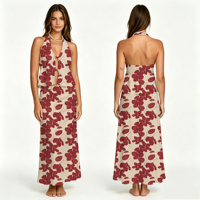 Ensemble deux pièces personnalisé pour femme en soie de lait douce, style licou à nouer sur le devant, dos froncé, imprimé hibiscus, robe longue de plage, vente en gros