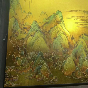 Cuadro de cobre y oro hecho a mano con relieve de cobre, marco rectangular de metal, arte de un mil kilómetro de ríos y montañas - Product Image 1