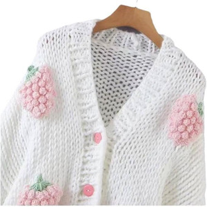 Women's Korean Retro Elegant Cute Coat Sweet <strong>Strawberry</strong> Embroidered Knit Sweater Cardigan <strong>Top</strong> - Product Image 5