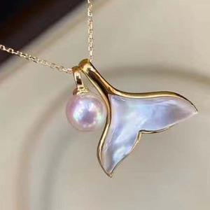 Collar con colgante de perlas de agua de mar, collar con colgante de 15x15mm en forma de sirena, Delfín, fregona rosa, oro de 18 quilates, 100%, Akoya - Product Image 2