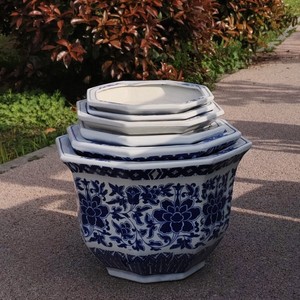 Pot de fleurs en céramique de Jingdezhen, porcelaine bleue et blanche, pot octogonal Hibiscus, plateau, balcon, plante verte d'extérieur, fait main, chinois - Product Image 4