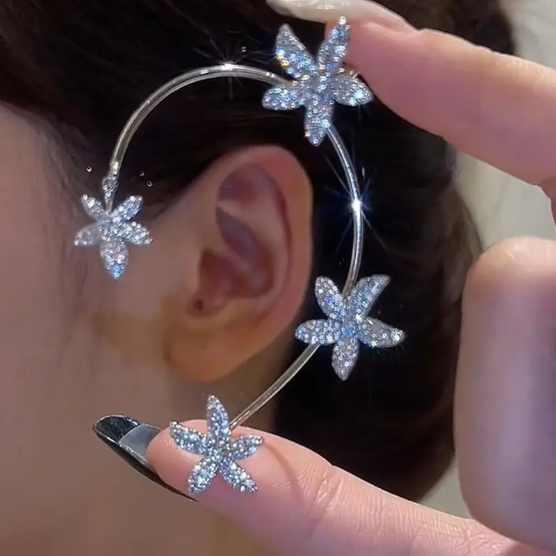 Wholesale Super Fairy Shining Rhinestone One Piece Earrings Without Pierced Ear Clips Luxury Fashion Flower Earrings Women