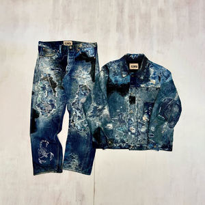 DiZNEW 청바지 세트 사용자 정의 디자인 산성 워시 샌드 블라스트 퇴색 스트리트웨어 남자의 데님 세트 - Product Image 1