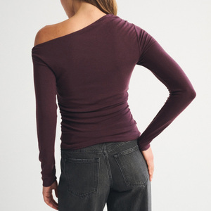 Custom New Arrival Wine <b>Red</b> off Shoulder Ruched Side Detail Regular Fit Soft Cotton Women Long Sleeve <b>Crop</b> Summer Casual T-shirt - Product Image 2