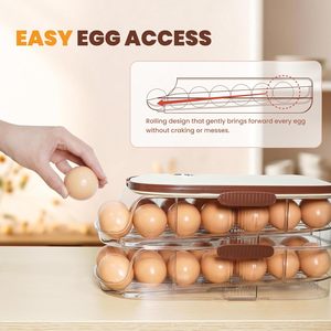 Fridge Kitchen Egg Organizer <b>Plastic</b> Food Grade Durable Eco-Friendly Rotating Flip Top Lid Self-rolling & Portable - Product Image 2