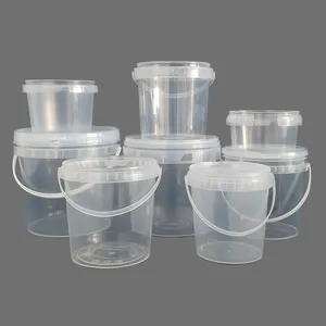 Cubos de plástico transparente de 1l-5l, cubeta de grado alimenticio con asas y tapas, logotipo de impresión de colores personalizados, suministro de fábrica