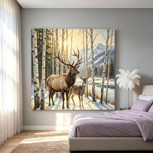 Pintura al Óleo Nórdica de Naturaleza Muerta, 100*100CM, Pintada a Mano, Impresionista, Arte Profesional en Lienzo, Decoración Nórdica para el Hogar con Diseño de Alce y Ciervo - Product Image 1