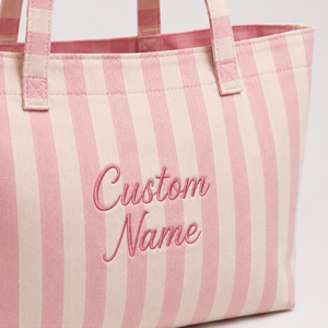 Wholesale Custom Large Capacity Pink And <b>White</b> Canvas <b>Bag</b> Custom 3D Embroidery Letter Logo Stripe Canvas Tote <b>Bag</b> - Product Image 3
