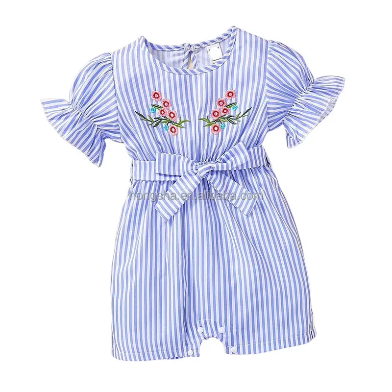 Summer Round Neck Cute Embroidery Romper Baby Girl Clothes 3 To 6 Months Flounce Sleeve Striped Print Baby Girl Flower Romper