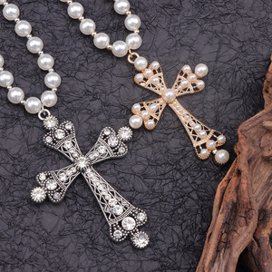 European American Imitation Pearl Alloy <b>Cross</b> Necklace Gold White K AA Grade Everyday Wear Geometric Design Clavicle <b>Chain</b> - Product Image 3