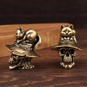 Brass Cat Skull Figurine 2Pcs Miniature Ornament Halloween Home Decor Eclectic Style - Product Image 3