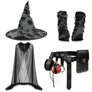 Costume de sorcière gothique pour femmes pour Halloween, ensemble de déguisement de sorcière sombre avec <span class=keywords><strong>chapeau</strong></span>, cape et accessoires - Product Image 6