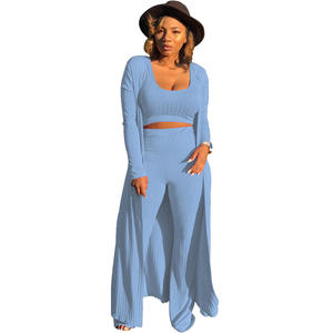 Mantel panjang polos kasual trendi, Jumpsuit Ribbed rajut <span class=keywords><strong>3</strong></span> potong pakaian wanita ukuran besar jatuh 2024 - Product Image 6